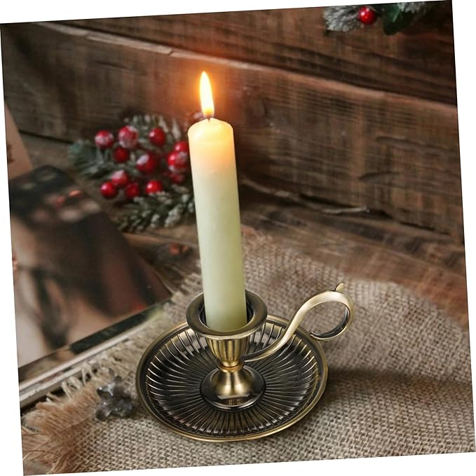 STOBAZA Retro Taper Candle Holder with Handle Vintage Metal Candlestick Tabletop Accent 4.52 Inch Candle Stand for Home Decor Party and Special Occasion