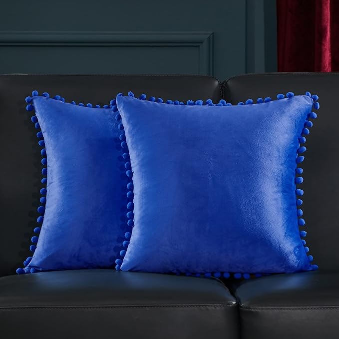Deconovo Velvet Throw Pillow Covers, Set of 2, 26” x 26” Blue, Soft Square Pom-poms with Hidden Zipper Cover for Sofa Couch Car