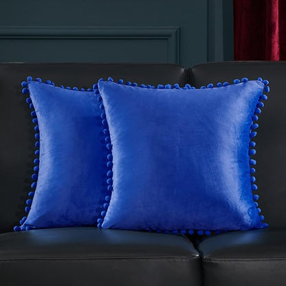 Deconovo Velvet Throw Pillow Covers, Set of 2, 26” x 26” Blue, Soft Square Pom-poms with Hidden Zipper Cover for Sofa Couch Car