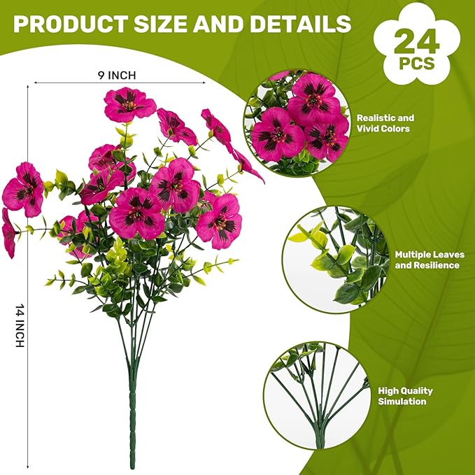 Artificial Flowers, 24 Bundles, Decorative Bouquets for Home, Wedding, Garden, Office Decor (Fuchsia)
