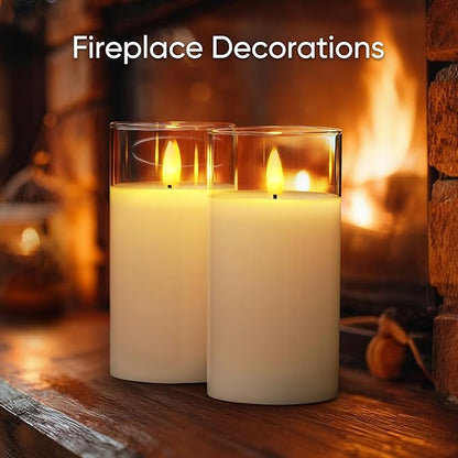 5plots Flameless Battery Operated Candles Set of 2, White LED Candles with Remote Timer, Real Wax Glass Pillar Candles Warm Flickering Light for Indoor Home, Halloween, Christmas Decor D3 x H6 6"