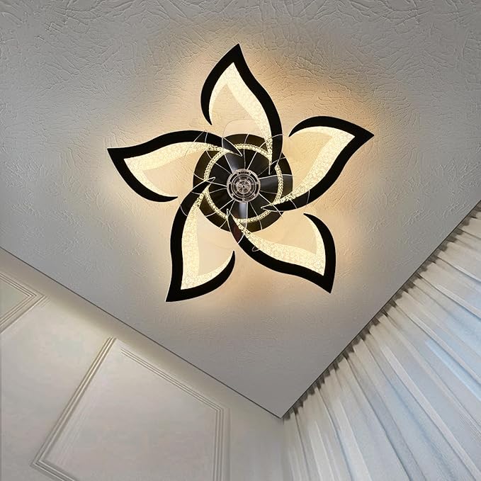 27" Black Geometric Ceiling Fan Lights with Remote, 6 Speeds Adjustable Low Profile Flush Mount Ceiling Fan with Light for Kitchen Bedroom