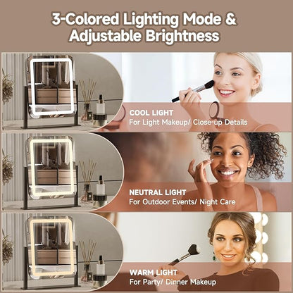 PRIMETEK Vanity Mirror with Lights, 16"x14" Large LED Lighted Makeup Mirror, Hollywood Makeup Mirror, Touch Screen, 3-Color Lighting, 5X Magnification, for Vanity Desk Tabletop, Bedroom, Black