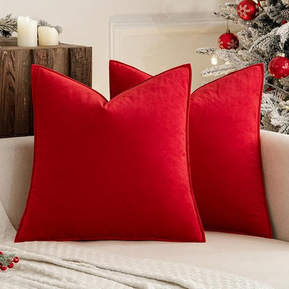 MIULEE Pack of 2 Christmas Bright Red Decorative Velvet Throw Pillow Covers Soft Pillowcases Solid Square Cushion Case for Winter Sofa Bedroom Car 18x18 Inch