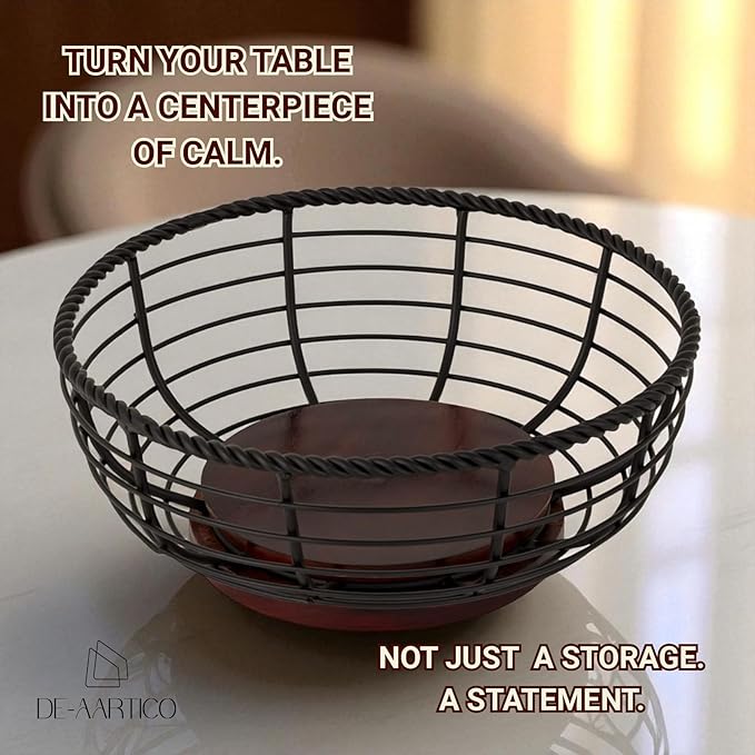 Wood and Iron Fruit Bowls Dishwasher Safe Basket Gift for Home Kitchen, Medium, Natural - 12"x12"x 5" INCHES