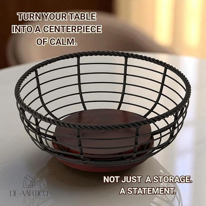 Wood and Iron Fruit Bowls Dishwasher Safe Basket Gift for Home Kitchen, Medium, Natural - 12"x12"x 5" INCHES