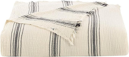Bohemian 4 Layers Gauze Lightweight Throws,Cotton Muslin Throw Blanket,Breathable Coverlet, 4 Layer Bed Cover (Beige with 5 Stripes, King 95 x 106 inches)