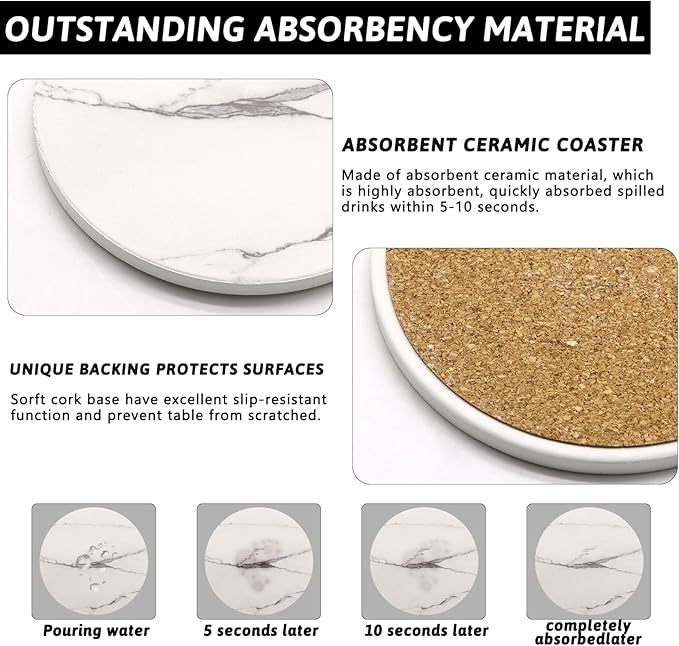 Coaster Set of 4, Drink Coasters with Holder, Absorbent Ceramic Coasters for Dining Table, 4 Inch Round Coasters Set for Drinks, Cup Coaster for Home Decor, Housewarming Gift, (R&A)