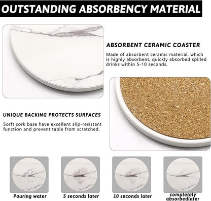 Coaster Set of 4, Drink Coasters with Holder, Absorbent Ceramic Coasters for Dining Table, 4 Inch Round Coasters Set for Drinks, Cup Coaster for Home Decor, Housewarming Gift, (R&A)