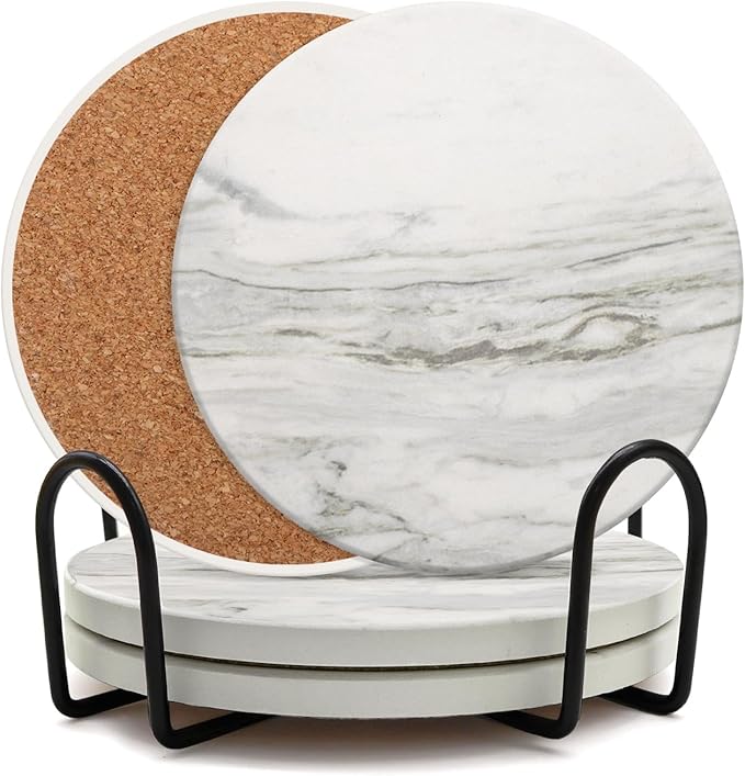 Coaster Set of 4, Drink Coasters with Holder, Absorbent Ceramic Coasters for Dining Table, 4 Inch Round Coasters Set for Drinks, Cup Coaster for Home Decor, Housewarming Gift, (R&D)