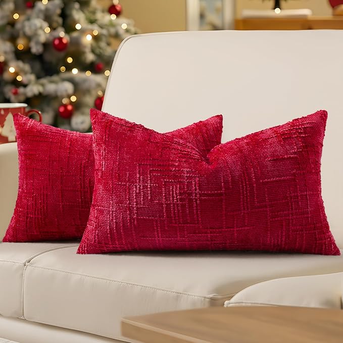 decorUhome Christmas Red Chenille Throw Pillow Covers 12x20 Set of 2 Thick Textured Slubby Couch Pillow Covers Farmhouse Accent Modern Neutral Decorative Pillow Cases for Bed Sofa Living Room