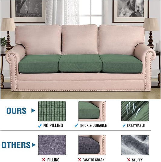 H.VERSAILTEX Super Stretch Individual Seat Cushion Covers - Sofa & Couch Cushion Slipcover Sets - Thick Jacquard Textured Twill Fabric (3 Piece XL Sofa Cushion Covers, Loden Frost)