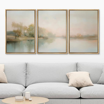 MUDECOR Framed Wall Art Print Set Soft Pastel Landscape Serene Waters and Reflections Illustrations Modern Art Boho Decorative Colorful Chic for Living Room, Bedroom, Office - 16"x24"x3 Natural