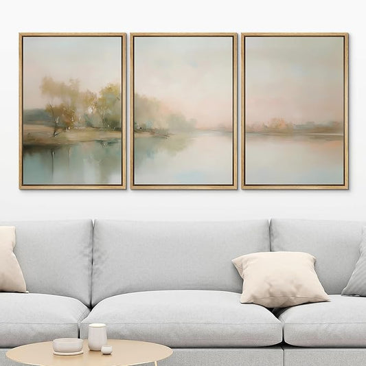 MUDECOR Framed Wall Art Print Set Soft Pastel Landscape Serene Waters and Reflections Illustrations Modern Art Boho Decorative Colorful Chic for Living Room, Bedroom, Office - 16"x24"x3 Natural
