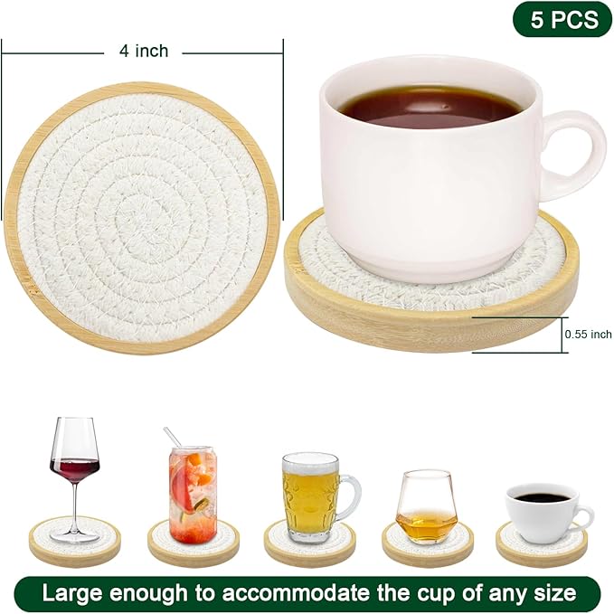 Bamboo Coasters for Drinks, Absorbent Coaster Sets of 5, Woven Drink Coasters for Coffee Table, Housewarming Gift for Farmhouse Home Decor,4 inches (White Series)