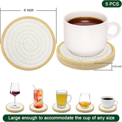 Bamboo Coasters for Drinks, Absorbent Coaster Sets of 5, Woven Drink Coasters for Coffee Table, Housewarming Gift for Farmhouse Home Decor,4 inches (White Series)