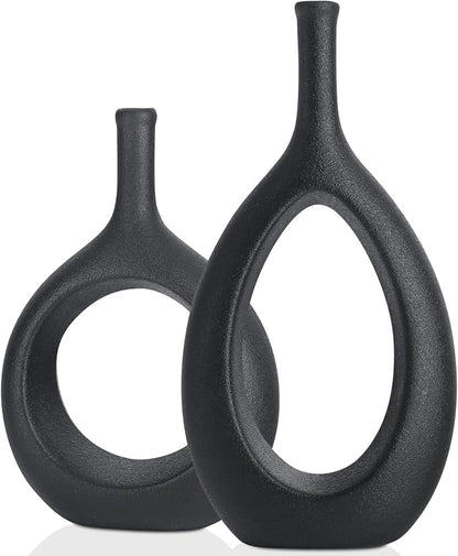 Black Ceramic Hollow Elliptical Vase Set of 2 - Boho Circle Vase with Hole, for Modern Black Table Decor, Living Room Decor Shelf mid Century Modern Home Entrance Decorative vase