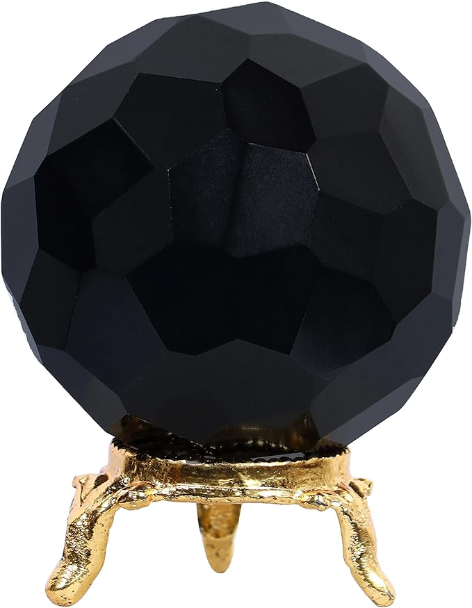 Crocon 50mm Black Tourmaline Diamond Cut Stone Sphere Ball with Metal Stand 1400+ Carats Gemstone Ball Healing Ornament Rock Sphere Sculpture Figurine for Fengshui Divination Crystal