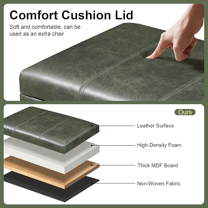 Joveco 24" Faux Suede Storage Ottoman Bench with Wheels, Rectangle Foot Rest Stool for Living Room, Bedroom, Entryway, Moss Green