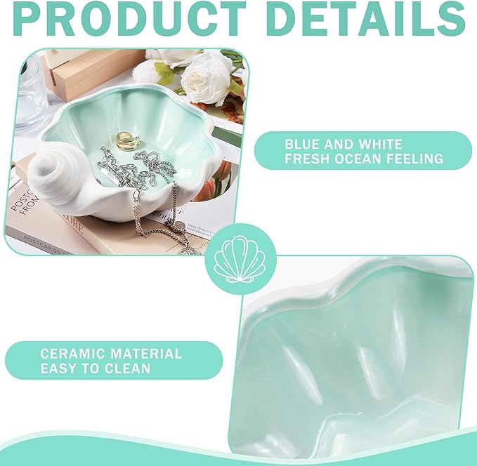 OSOPOLA Ceramic Shell Jewelry Tray - Ocean-themed Decorative Ring Holder Dish Key Tray Cute Jewelry Plate Trinket for Women Home Decor,Christmas Birthday Gifts HE02SL