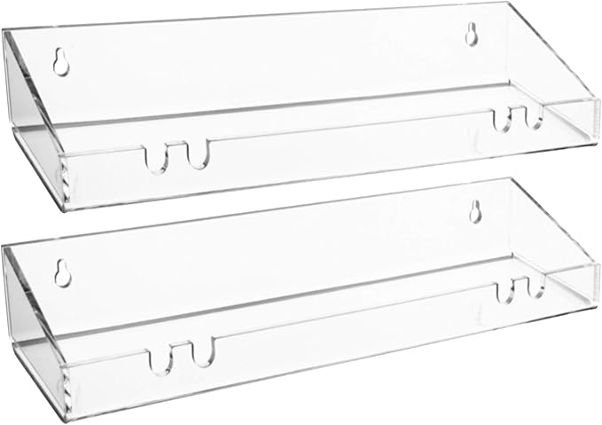 AMT 2 Pack Acrylic Floating Shelves, 15" L x 4" W, Clear Bathroom Wall Shelf, Bookshelves, Invisible Display for Office, Bedroom, Hanging Slots for Bath Sponge & Others Items, Free Screws & Drill Bit