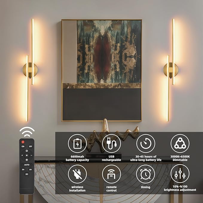 Battery Operated Wall Sconce Set of 2,Gold 31.4" 3000K-6500K LED Dimmable Wall Sconces with Remote Control,Wireless Wall Light USB Rechargeable for Bedroom Hallway Living Room Background Wall Lighting