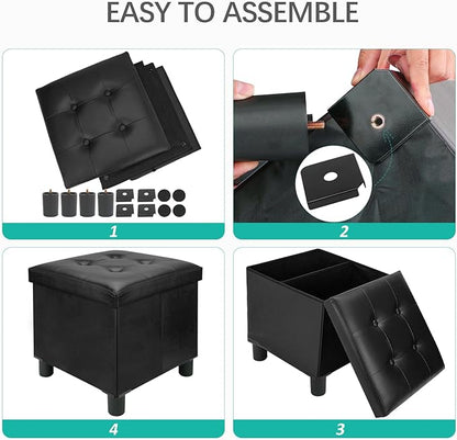 18 Inches Cube Storage Ottoman, Faux Leather Collapsible Square Folding Ottoman Furniture with Storage for Living Room Bedroom, Foot Rest Foot Stool with Legs, Black 18x18x18 Inches