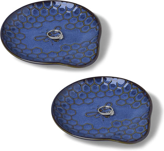 GDCZ Ceramic Jewelry Tray, 5.3" Decorative Dish, Personalized Jewelry Trays Tray with Pattern, Gifts for Friends, Sisters and Women,Set of 2 (Blue)