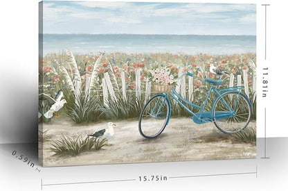 Bathroom Wall Art Farmhouse Boho Ocean Beach Coastal Vintage Floral Canvas Print Seaside Blue Bicycle Seagull Seascape Painting Seashore Botanical Wildflower Field Daisy Flowers Artwork 12x16inch