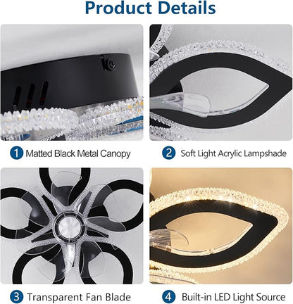 21-Inch Ceiling Fan with Lights and Remote Control, Black Geometric, 6 Wind Speeds, 3 Light Color, Low Profile, Flush Mount, for Kitchen, Bedroom, Living Room