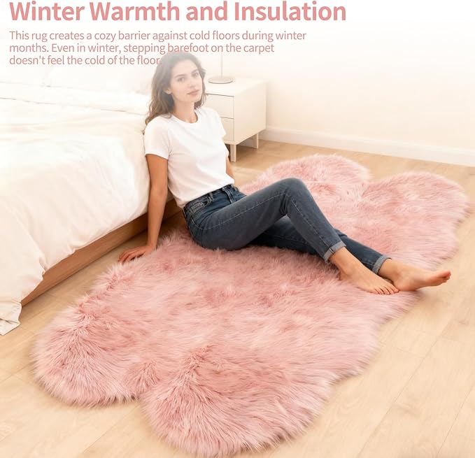 Pink Faux Fur Sheepskin Area Rug for Living Room Bedroom, 2 x 6 Feet Ultra Soft Shaggy Fuzzy Furry Carpet Chair Throw Runner Rugs for Kids, Girls, Nursery Room Decor Dorms