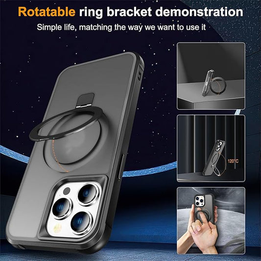 Compatible with iPhone 15 Pro Max Case with Invisible Magnetic O-Ring Stand Military-Grade Translucent Case for iPhone 15 ProMax 6.7" [Compatible with Mag-Safe][Great Grip Feeling], Black