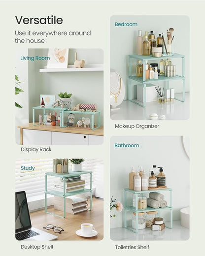 SONGMICS Cabinet Organizer Shelf, Set of 2 Kitchen Counter Shelves, Kitchen Storage, Spice Rack, Stackable, Expandable, Metal and Engineered Wood, Moonlight Green UKCS002C01