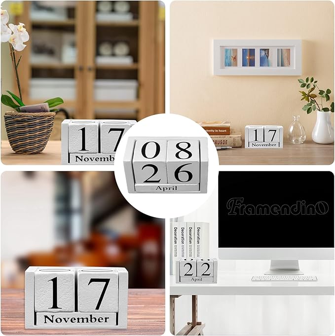 Framendino, White Vintage Wood Rustic Block Chic Perpetual Desktop Wooden Cubes Calendars for Home Office Desk Decoration