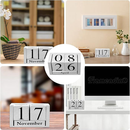 Framendino, White Vintage Wood Rustic Block Chic Perpetual Desktop Wooden Cubes Calendars for Home Office Desk Decoration