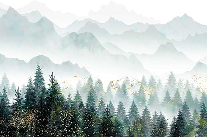 Hazy Forest Wallpaper with Gold flecks, Misty Mountain Peaks Mural, Nature Landscape Wall Mural（Non-self-Adhesive）