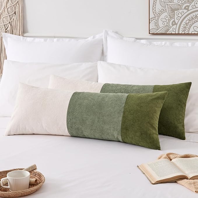 Kevin Textile 14x36 Inch Long Lumbar Cover 1 Pack Three-Colour Patchwork Soft Textured Waterproof Rectangle Cushion Elegant Accent Pillows for Couch Sofa Chair Bed Home Decor Indoor Outdoor Green
