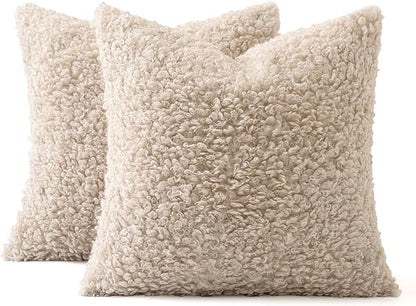 MIULEE Pack of 2 Faux Fur Throw Pillow Covers 16x16 Inch Neutral Light Beige Boucle Decorative Sherpa Pillow Covers Fuzzy Accent Soft Sheepskin Fleece for Boho Home Decor Couch Living Room Bed