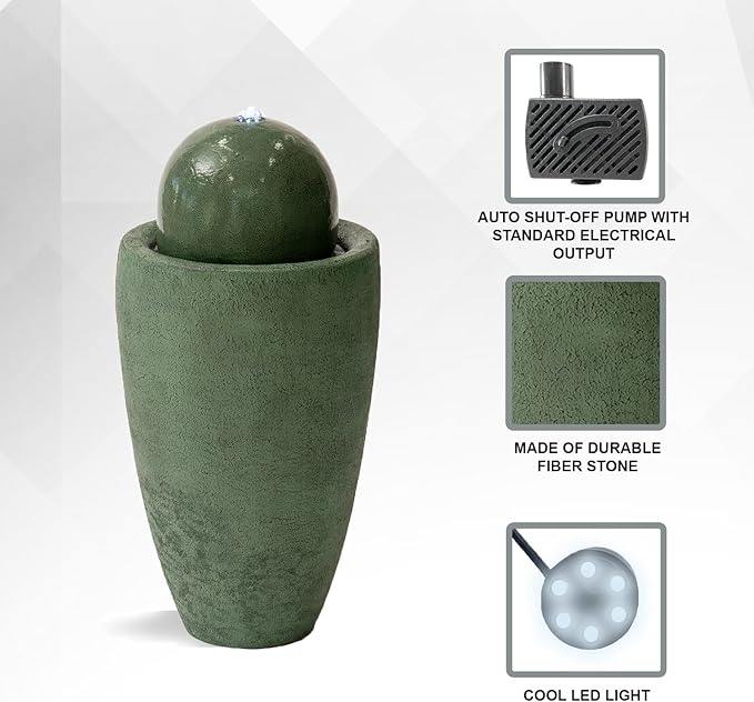 XBrand 26" Modern Sphere Water Fountain with LED Light – Indoor Outdoor Stone Texture Floor Fountain, Zen Bubbling Ball Water Feature for Garden Patio Porch - Green