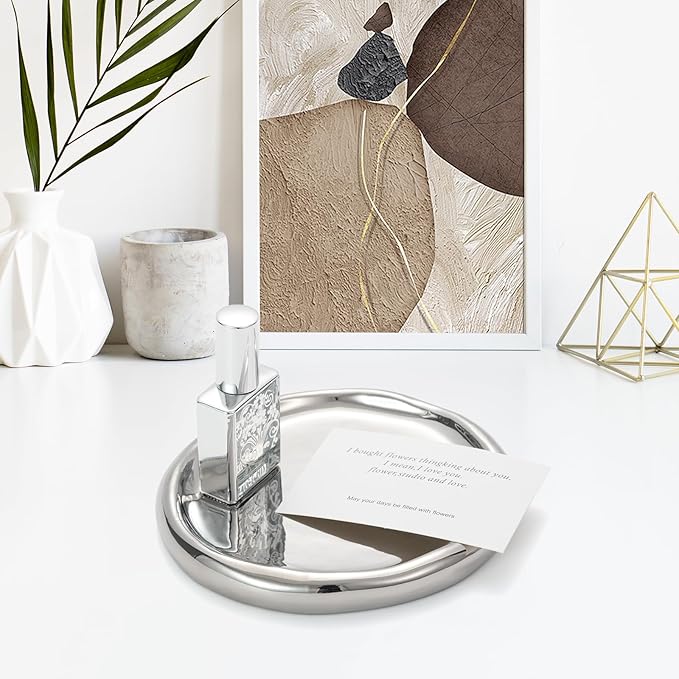 Silver Ceramic Round Jewelry Tray, Classic Round-Shaped Trinket Dish for Rings/Earrings/Keys/Perfume, Minimalist Vanity Tray & Key Tray Organizer, Gift for Mother’s Day/Birthday/Christmas