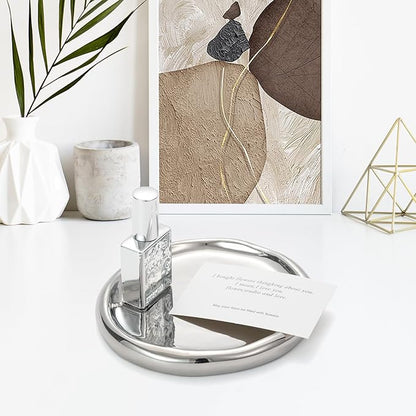 Silver Ceramic Round Jewelry Tray, Classic Round-Shaped Trinket Dish for Rings/Earrings/Keys/Perfume, Minimalist Vanity Tray & Key Tray Organizer, Gift for Mother’s Day/Birthday/Christmas