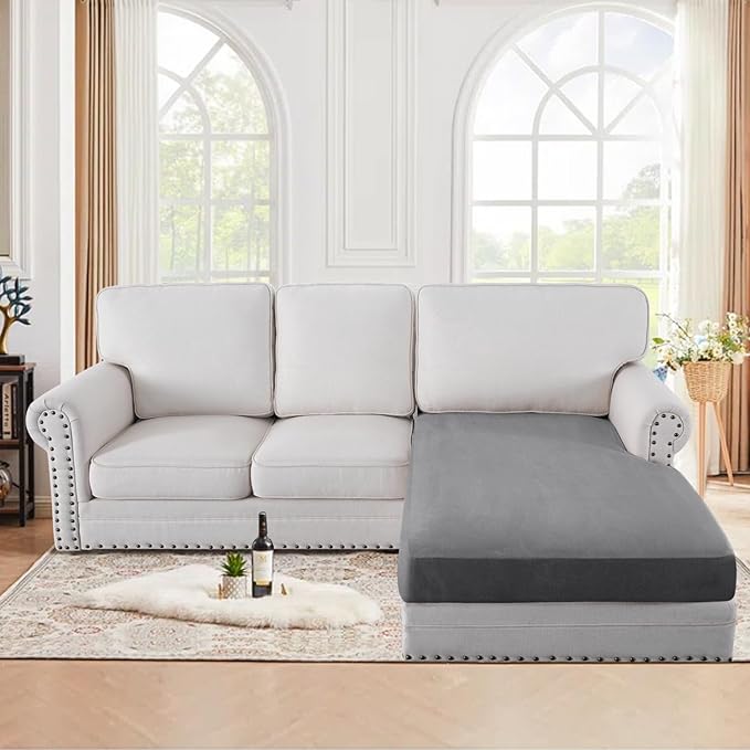 H.VERSAILTEX Suede Chaise Couch Cover Stretch Sectional Couch Covers Thick Soft Sectional Slipcovers L Shaped Couch Cover Both Left/Right(1 Piece Chaise Cover, Grey)