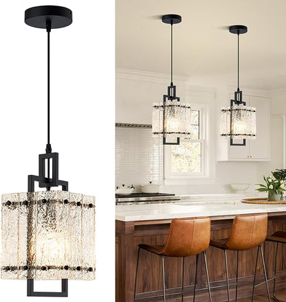 Black Glass Pendant Lights Kitchen Island, Modern Pendant Light Fixtures with Water Ripple Glass Square Pendant Lighting for Dining Room Kitchen Island