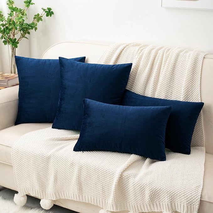 HWY 50 Navy Blue Velvet Throw Pillow Covers 18x18 Inch, Pack of 2 Soft Cozy Solid Decorative Luxury Cushion Cases for Couch Sofa Bed Living Room Bedroom
