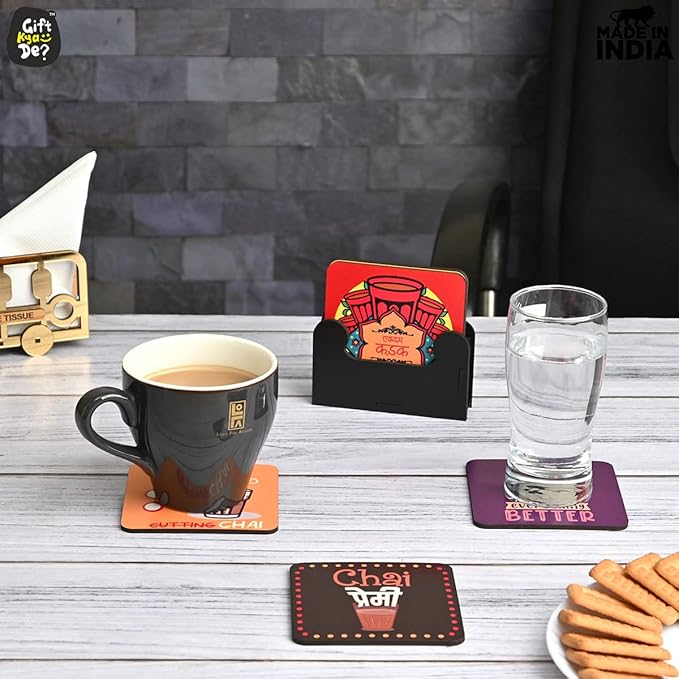 GKD Wooden Coasters for Drinks, MDF Chai/Tea Lover Coasters Set of 6 with Holder, 3.8 inches Eco-Friendly Absorbent Coaster for Coffee Table, Bar, Drinking Glasses, Tabletop Protection
