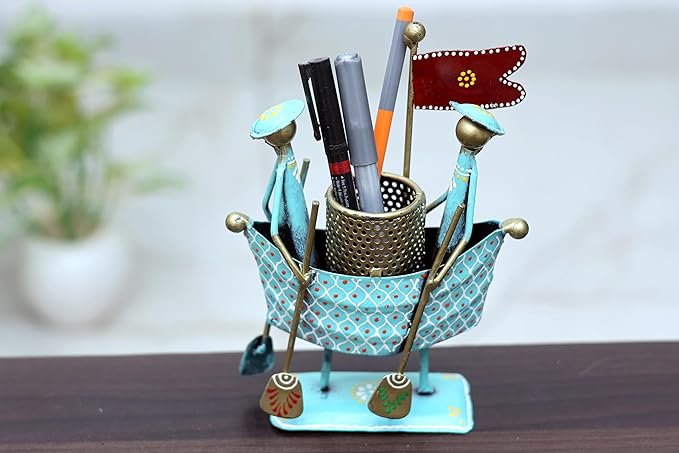 Handmade Metal Boat Pen Stand for Desk – Artistic Tribal Pen Holder Organizer for Office & Home Décor – Decorative Tabletop Accessory for Stationery Storage (Turquoise & Gold)