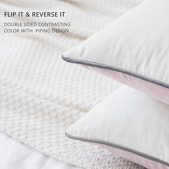 LIGICKY Pink and Cream White Velvet Throw Pillow Covers 18x18 inch, Set of 2 Modern Double-Sided Design, Soft Square Decorative Cushion Cases with Grey Rope Edging for Home Decor