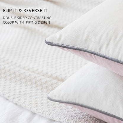 LIGICKY Pink and Cream White Velvet Throw Pillow Covers 18x18 inch, Set of 2 Modern Double-Sided Design, Soft Square Decorative Cushion Cases with Grey Rope Edging for Home Decor