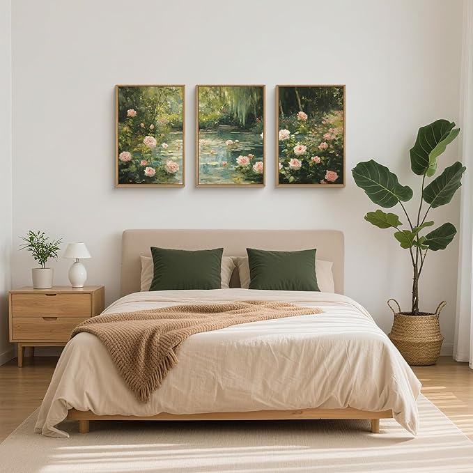 Watercolor Flower Tree Framed Canvas Wall Art Set,Natural White Pink Rose Wildflower Wall Decor,Vintage Dark Green Botanical Artwork for Living Room, Bedroom,Farmhouse- 24"x36"x3