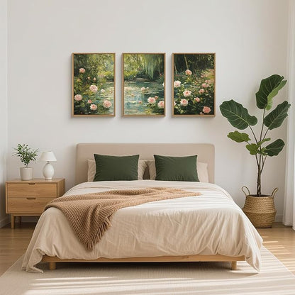 Watercolor Flower Tree Framed Canvas Wall Art Set,Natural White Pink Rose Wildflower Wall Decor,Vintage Dark Green Botanical Artwork for Living Room, Bedroom,Farmhouse- 24"x36"x3